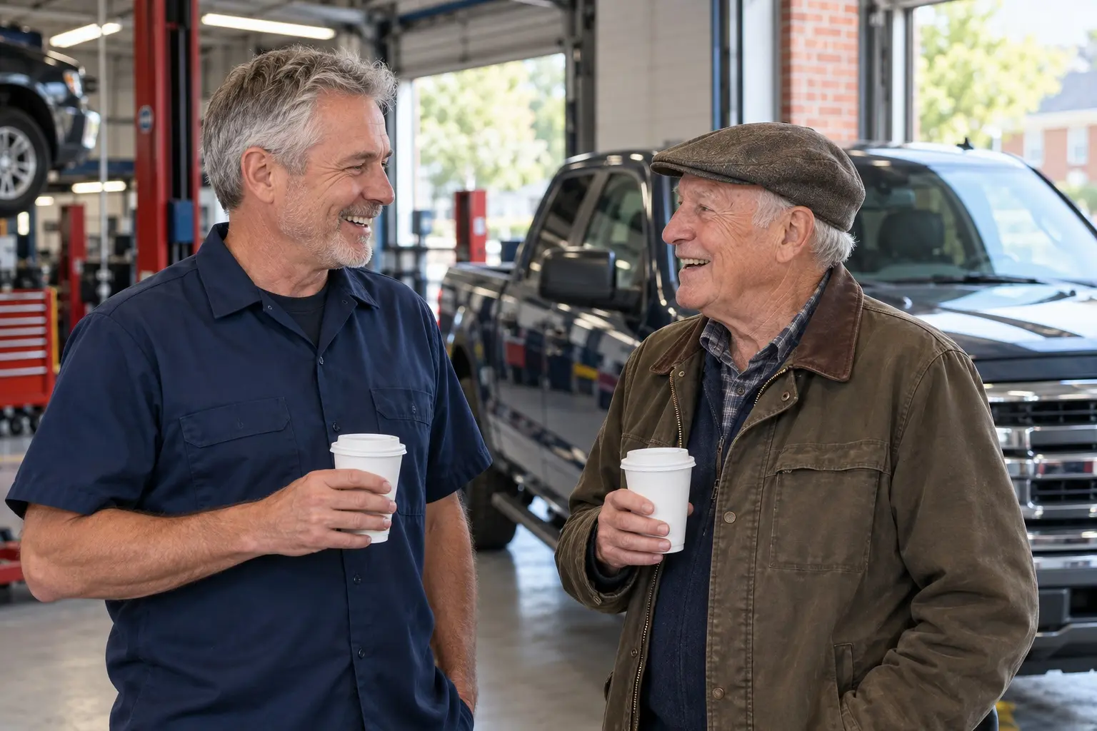 The owner sharing a coffee with a longtime customer in the service bay