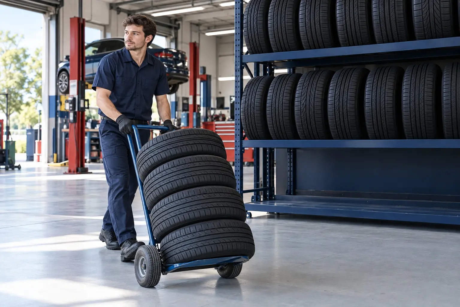 A technician wheeling a set of new tires away from a stocked tire rack