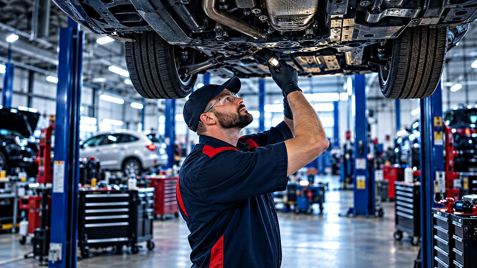 A technician inspects the underside of a car on a lift