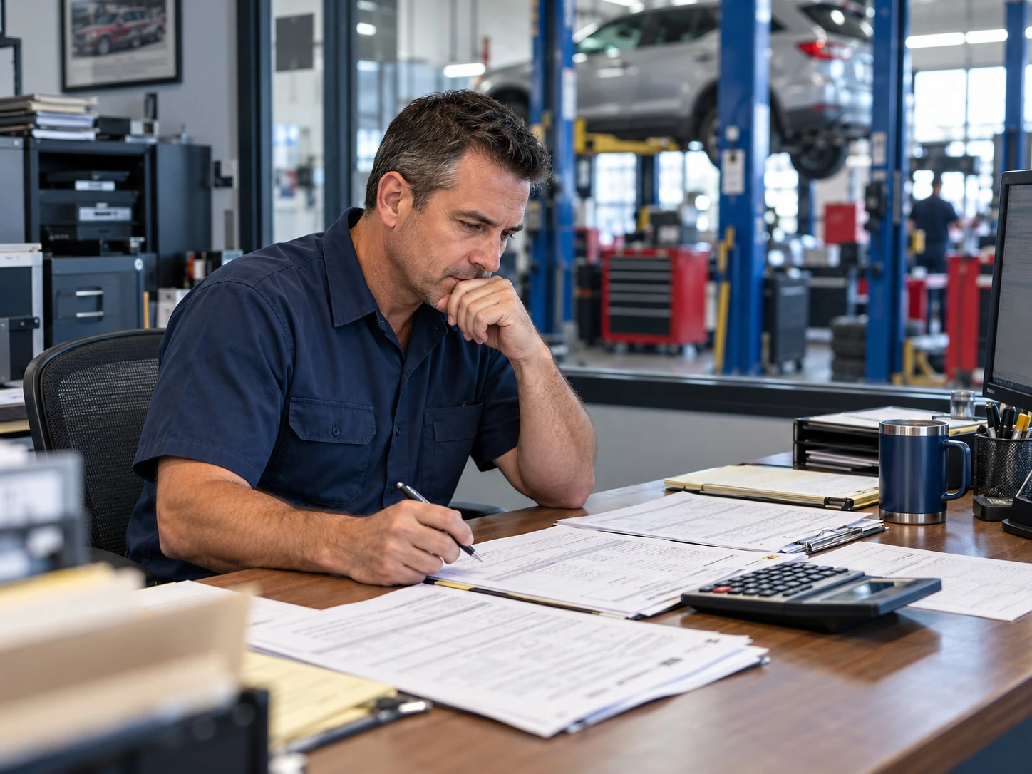 A shop owner works through paperwork at a desk beside the service bays