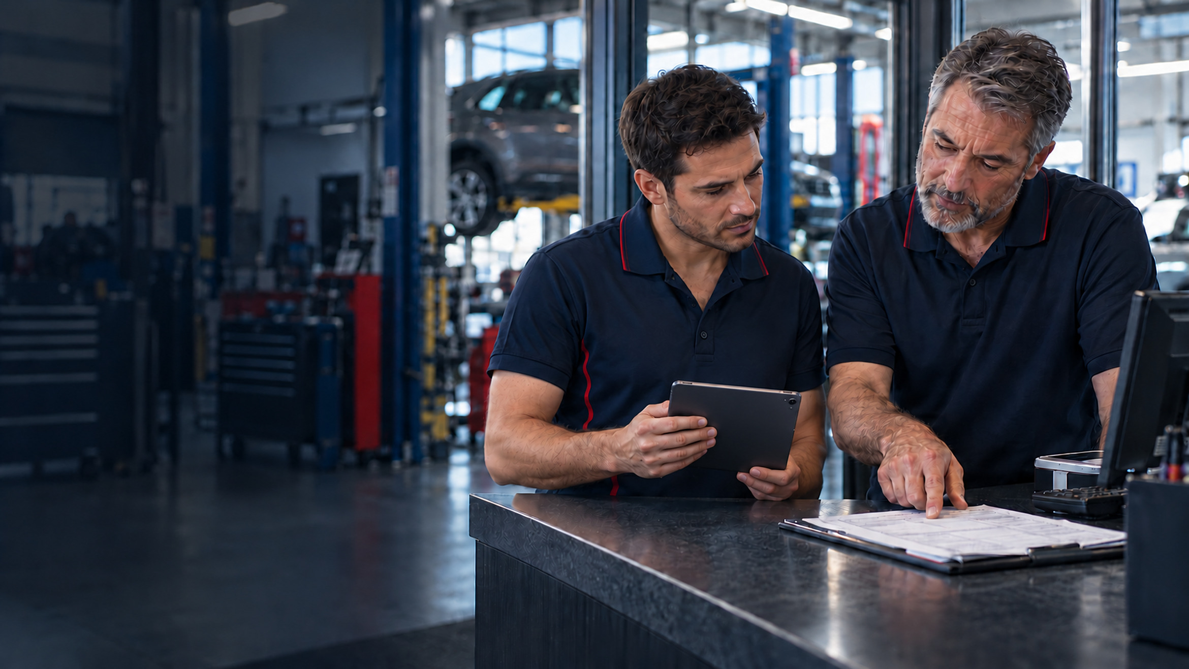 Two service advisors go over a repair order and a tablet at the counter