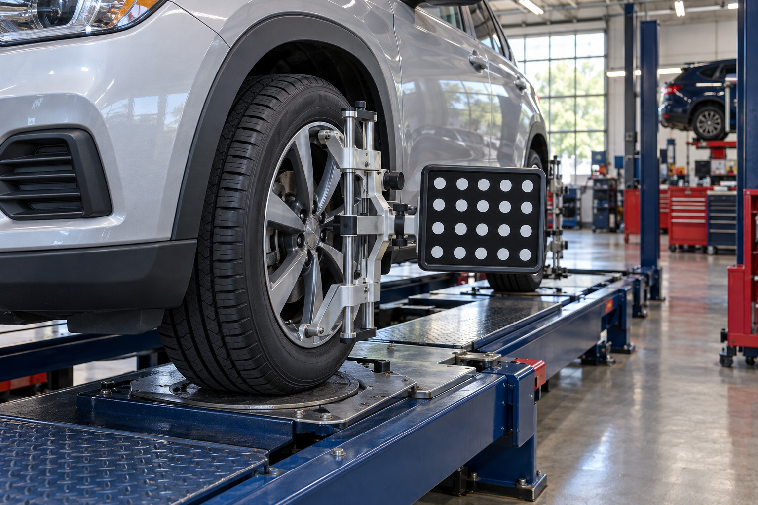 Front wheel with an optical alignment target on a professional alignment rack