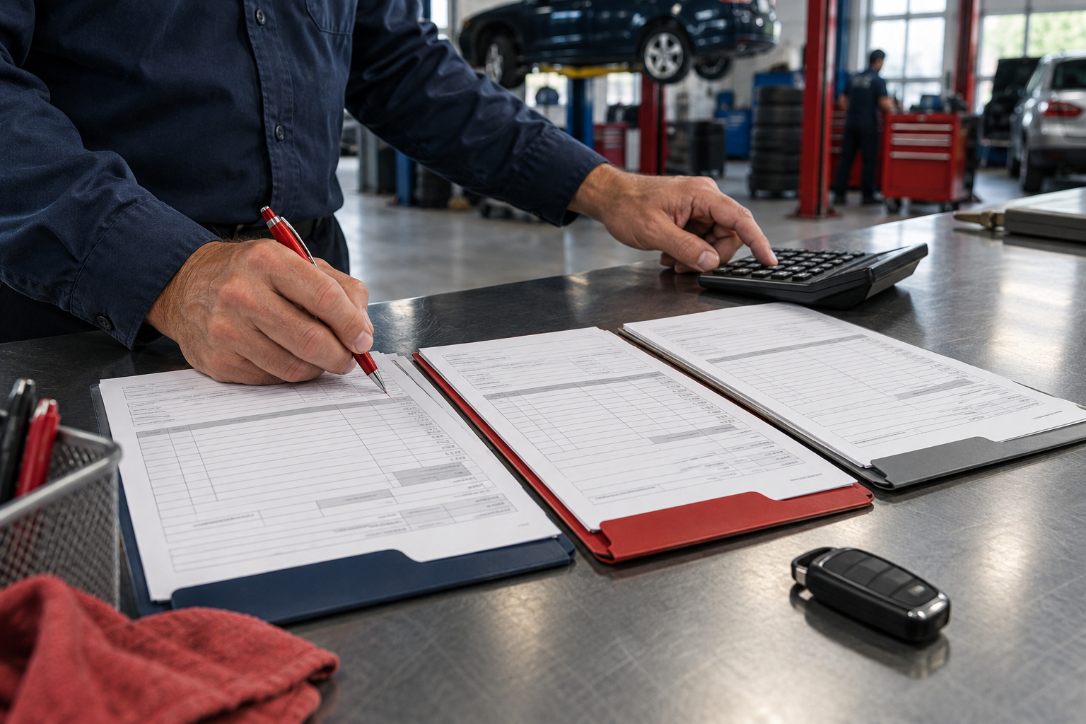 Manager reviewing individual repair-order folders with a calculator and pen