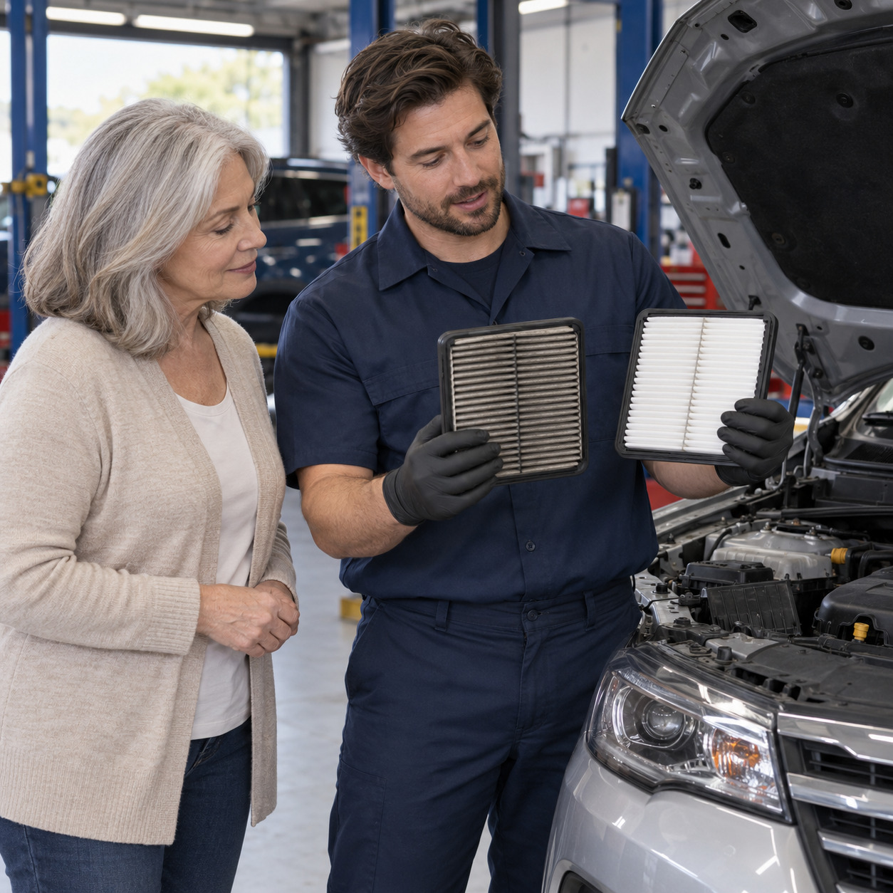 A service advisor shows a customer her dirty air filter beside a new one